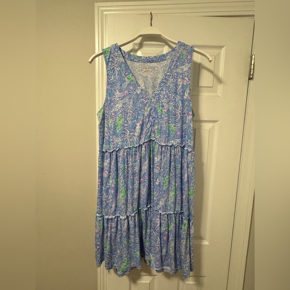 Lilly Pulitzer Lorina Dress Blue Peri Turtle Package Tiered Size L